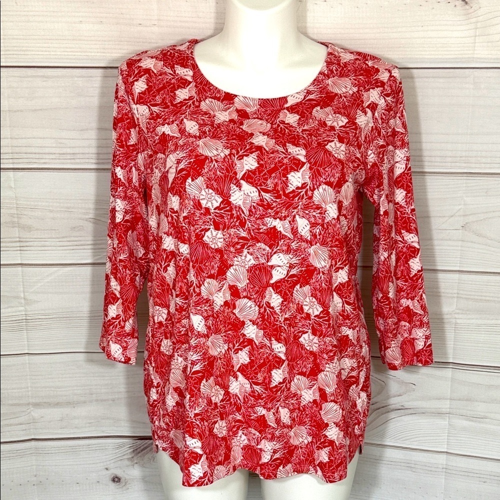 J. Jill Red and White Floral Pima 3/4 Sleeve Scoop Neck Tee Size XL